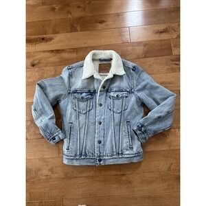 Levi's Sherpa Trucker Jacket Mens XS Blue Denim Faux Shearling Lined Western EUC